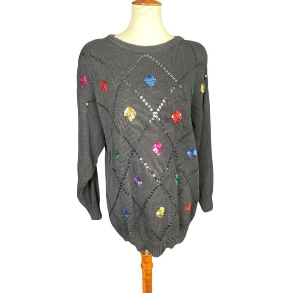 Vintage Leslie Fay Knit Sequins Sweater Holiday Sz M Tunic Christmas Sweater - Picture 2 of 10